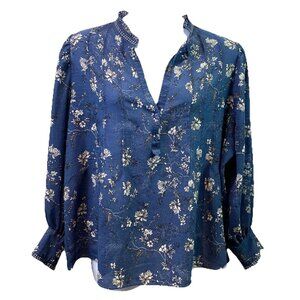 Max Studio Womens Blouse Dusty Blue Floral Bishop Sleeve Ruffle Collar Sz 3X
